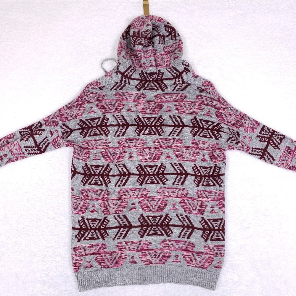 American Eagle‎ Womens Hooded Sweater Small Gray Burgundy Boho Casual